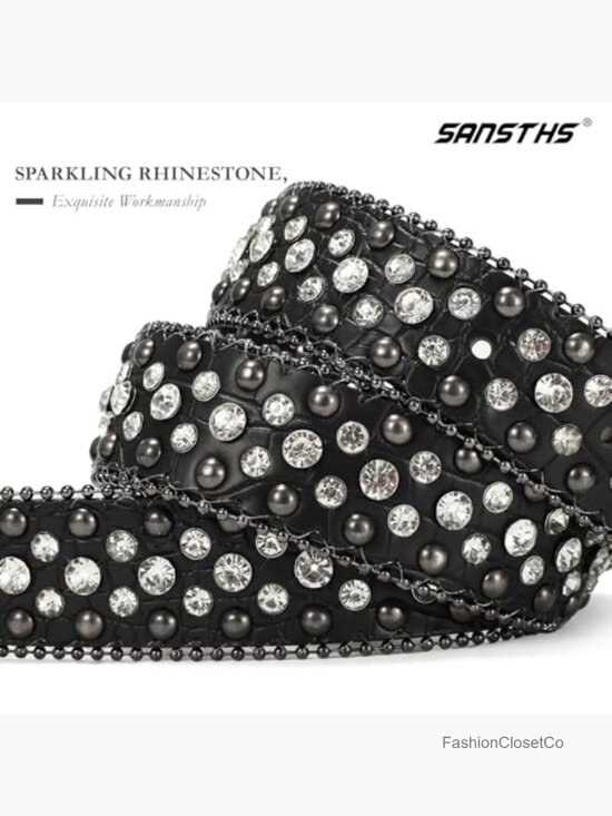 Rhinestone Western Belt Faux Crocodile Grain Leather Bling Studded Belt for